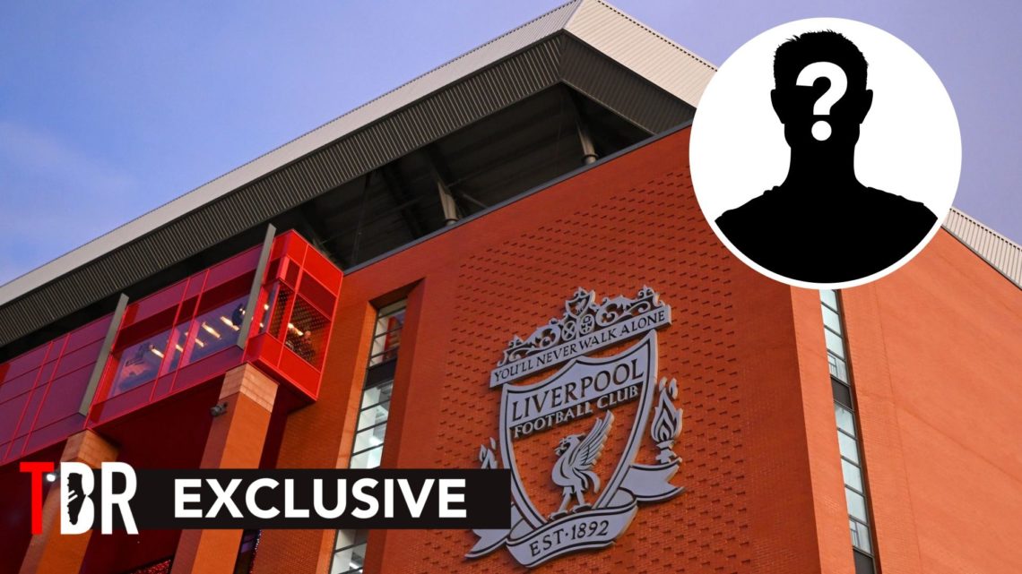 Outside view of Anfield stadium with overlay of mystery player