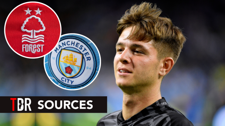James McAtee ahead of Manchester City match. Inset of Nottingham Forest badge and man City crest.