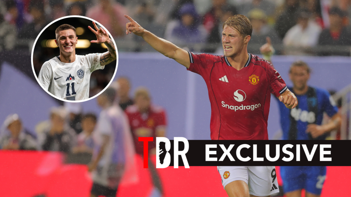 Manchester United striker Rasmus Hojlund scores during pre-season. Inset of Benjamin Sesko.