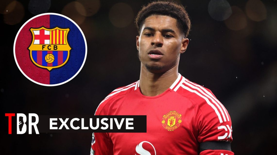 Image of Man United attacker Marcus Rashford with overlay of Barcelona badge