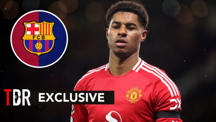 Image of Man United attacker Marcus Rashford with overlay of Barcelona badge