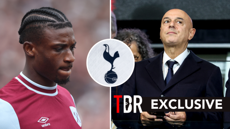 Split image of Mohammed Kudus (left) in action for West Ham and Tottenham Hotspur chairman Daniel Levy (right) ahead of Premier League match. Inset...