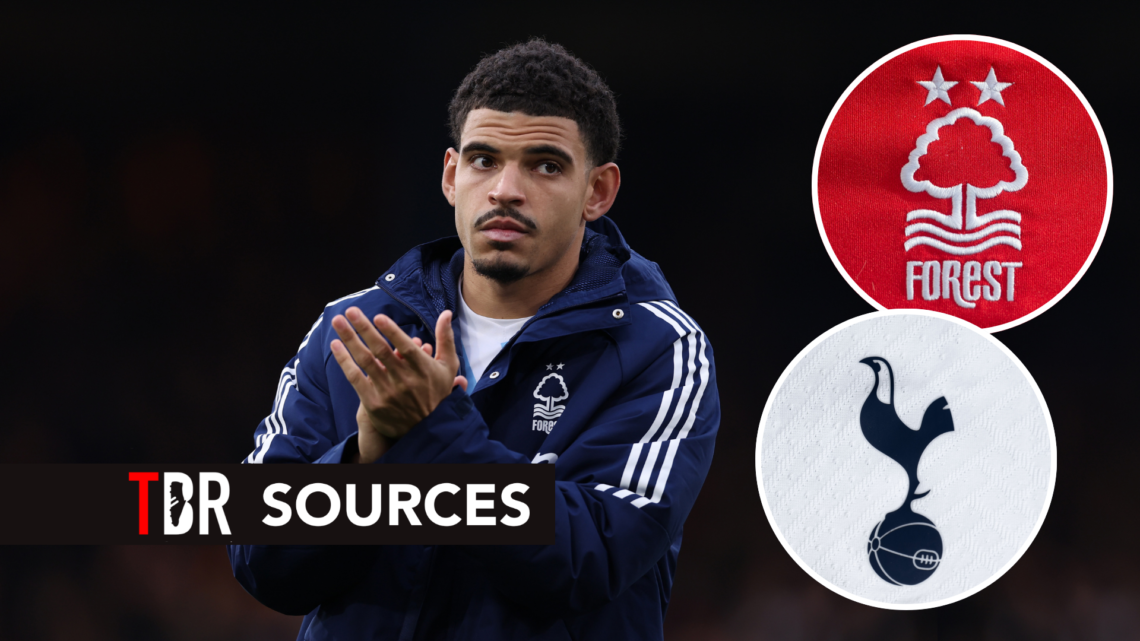 Nottingham Forest captain Morgan Gibbs-White after Premier League match. Inset of Tottenham