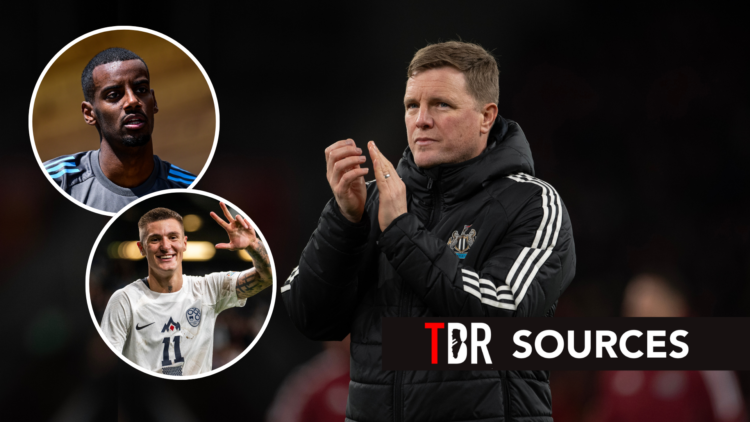 Newcastle United manager Eddie Howe after Premier League match. Inset of Benjamin Sesko and Alexander Isak.
