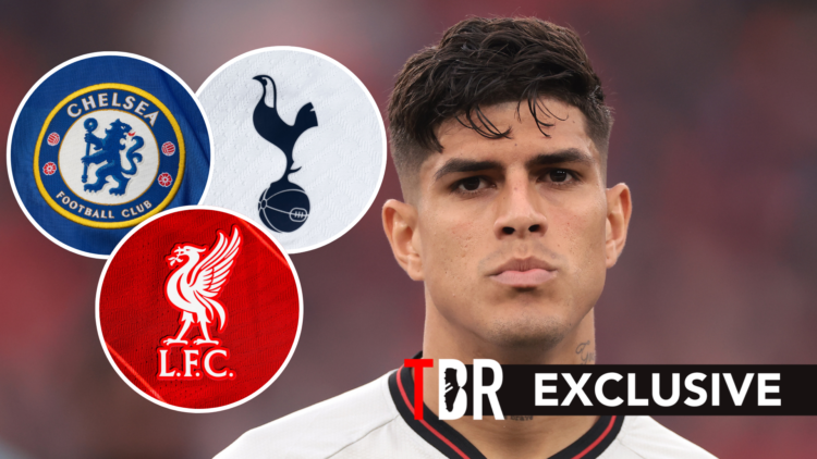 Piero Hincapie ahead of Europa League final for Bayer Leverkusen. Inset of Liverpool, Chelsea and Tottenham badges