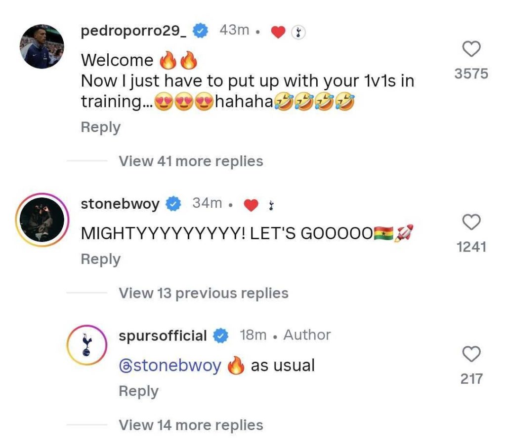 Screengrab of Pedro Porro reply under Tottenham Hotspur's Instagram post about signing Mohammed Kudus