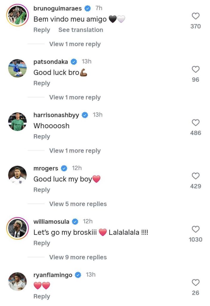 Screengrab of Morgan Rogers reply under Anthony Elanga's Instagram post about his move to Newcastle United
