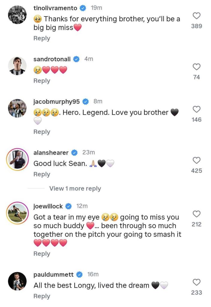 Screengrab of replies under Sean Longstaff's Instagram post about his move from Newcastle United to Leeds United