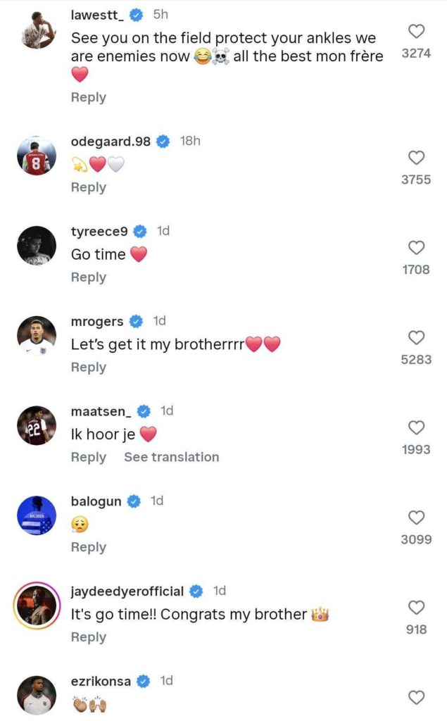 Screengrab of replies under Noni Madueke's Instagram post about his move from Chelsea to Arsenal