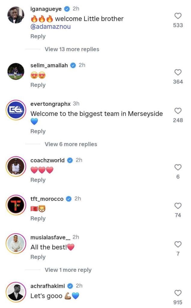 Screengrab of replies under Everton and Adam Aznou's Instagram post about his move from Bayern Munich