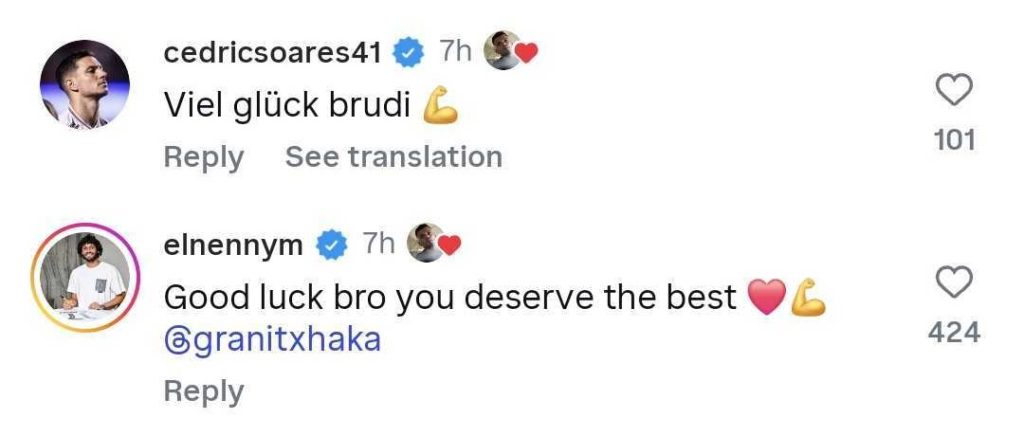 Screengrab of replies under Granit Xhaka's Instagram post about his move from Bayer Leverkusen to Sunderland