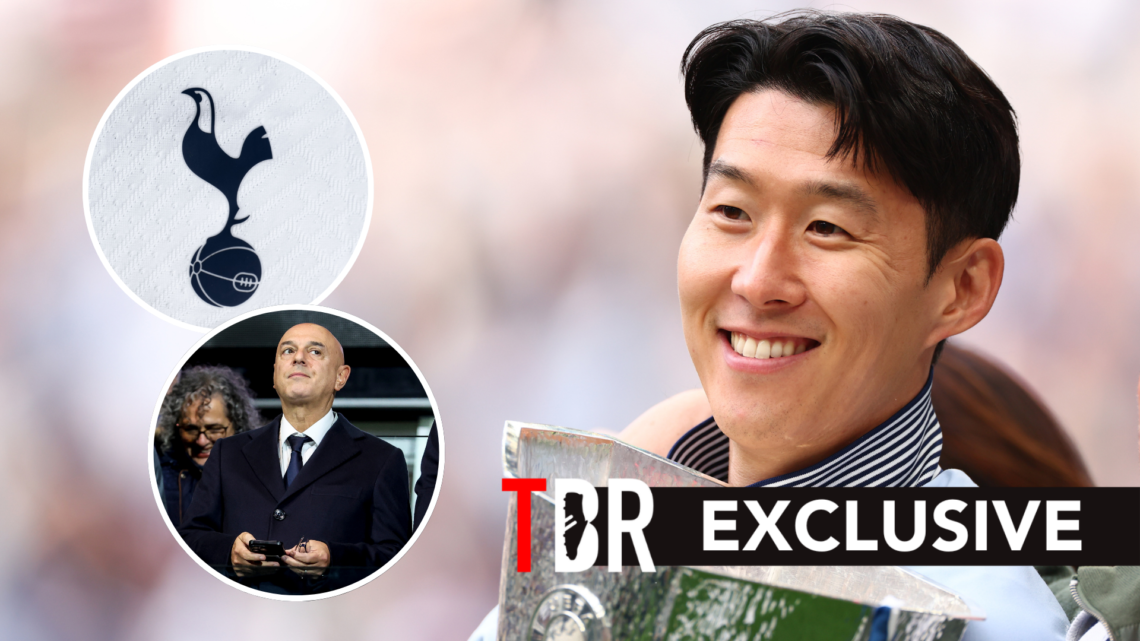 Spurs captain Son Heung-min with the Europa League trophy. Inset of Daniel Levy and Tottenham Hotspur badge.