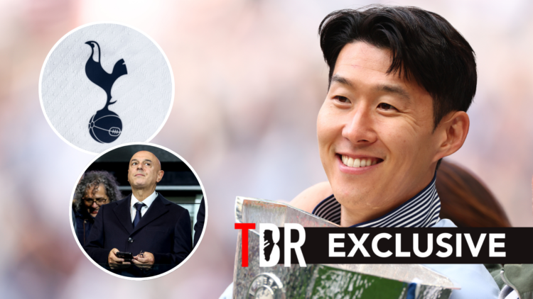 Spurs captain Son Heung-min with the Europa League trophy. Inset of Daniel Levy and Tottenham Hotspur badge.