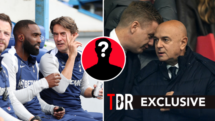 Tottenham Hotspur manager Thomas Frank (L) during friendly match and Johan Lange with Daniel Levy (R) ahead of Premier League game. Inset of a myst...
