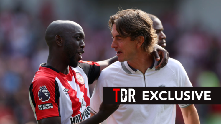 Yoane Wissa and Thomas Frank speaking after a Brentford game, overlaid a TBR Exclusive banner