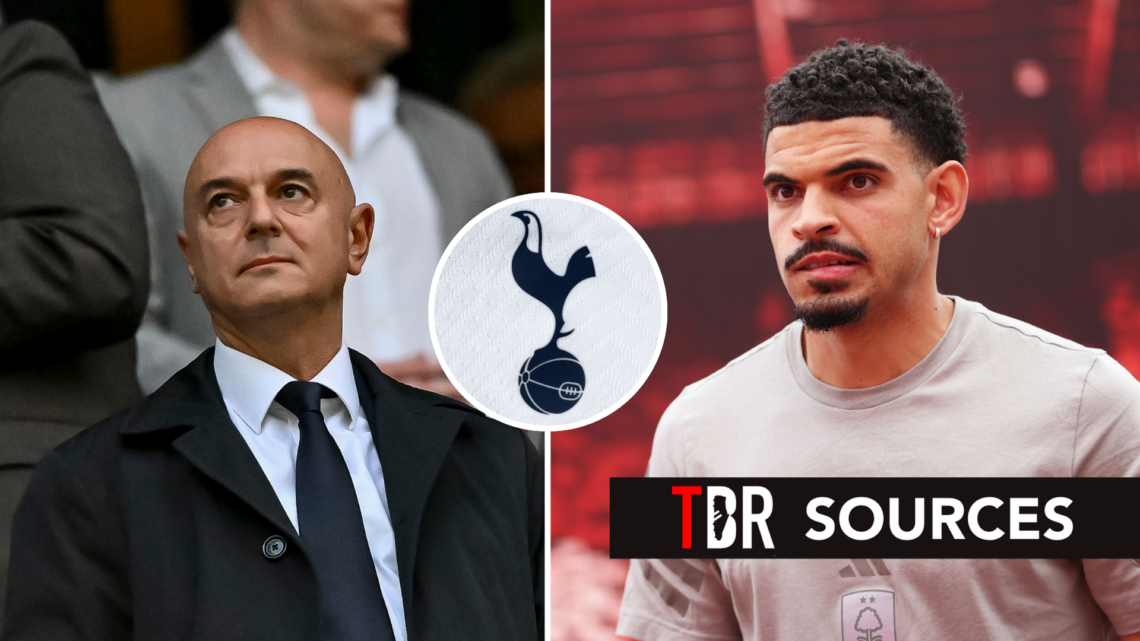 Split image of Tottenham Hotspur chairman Daniel Levy (L) and Nottingham Forest captain Morgan Gibbs-White (R) ahead of Premier League match. Inset...