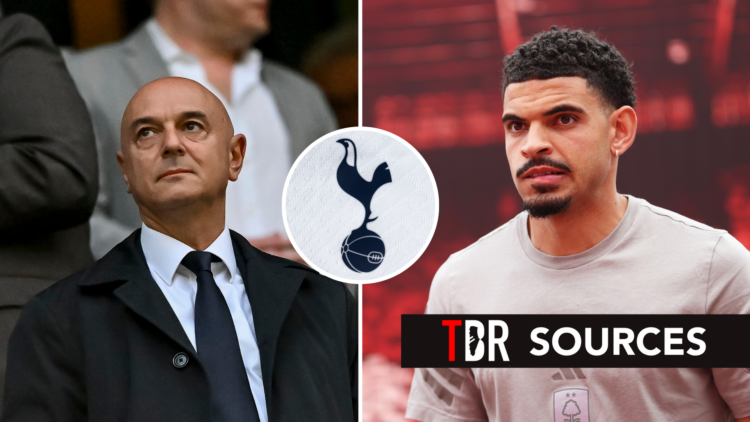 Split image of Tottenham Hotspur chairman Daniel Levy (L) and Nottingham Forest captain Morgan Gibbs-White (R) ahead of Premier League match. Inset...