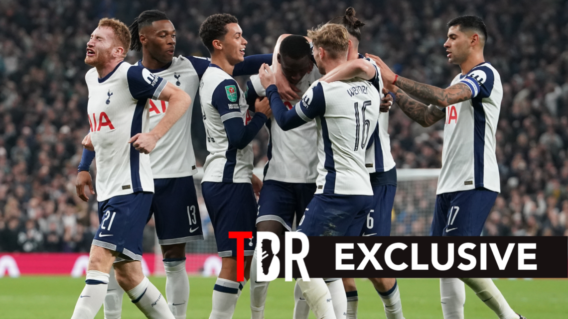 Tottenham Hotspur celebrate Pape Matar Sarr's goal against Man City, Destiny Udogie joins in.