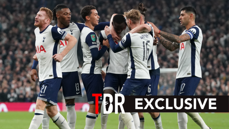 Tottenham Hotspur celebrate Pape Matar Sarr's goal against Man City, Destiny Udogie joins in.