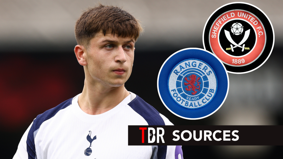 Tottenham Hotspur winger Mikey Moore during pre-season friendly. Inset of Rangers and Sheffield United badges.