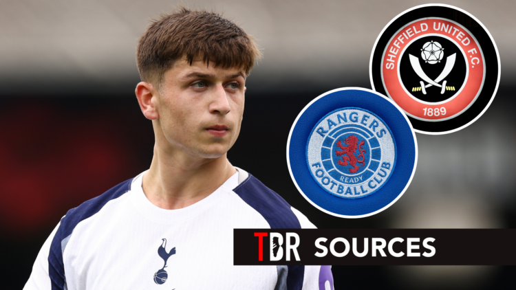 Tottenham Hotspur winger Mikey Moore during pre-season friendly. Inset of Rangers and Sheffield United badges.