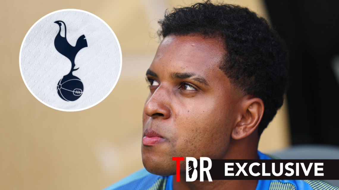 Rodrygo Goes of Real Madrid during the FIFA Club World Cup. Inset of Tottenham Hotspur badge.
