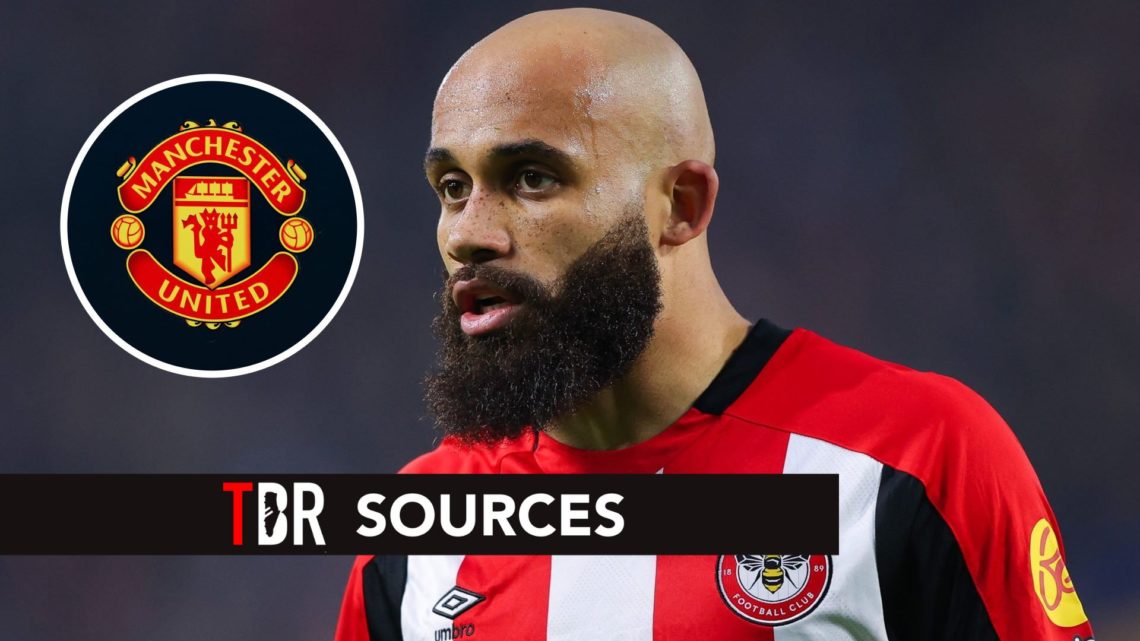 Brentford forward Bryan Mbeumo with inset of Manchester United badge