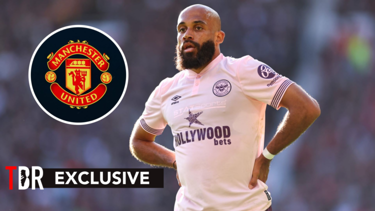 Brentford forward Bryan Mbeumo with inset of Manchester United badge