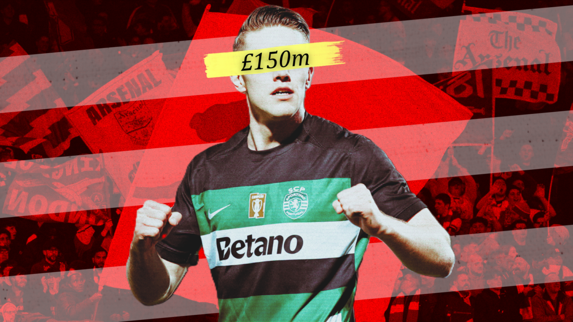 Illustration image of Sporting Lisbon striker Viktor Gyokeres superimposed over Arsenal fans, with '£150m' wordage