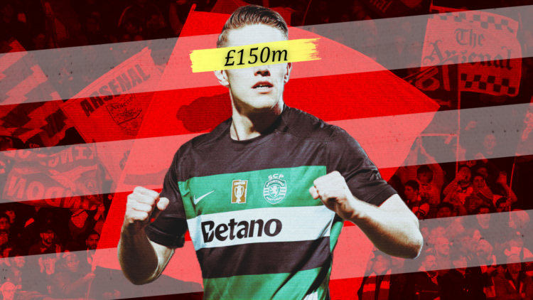 Illustration image of Sporting Lisbon striker Viktor Gyokeres superimposed over Arsenal fans, with '£150m' wordage