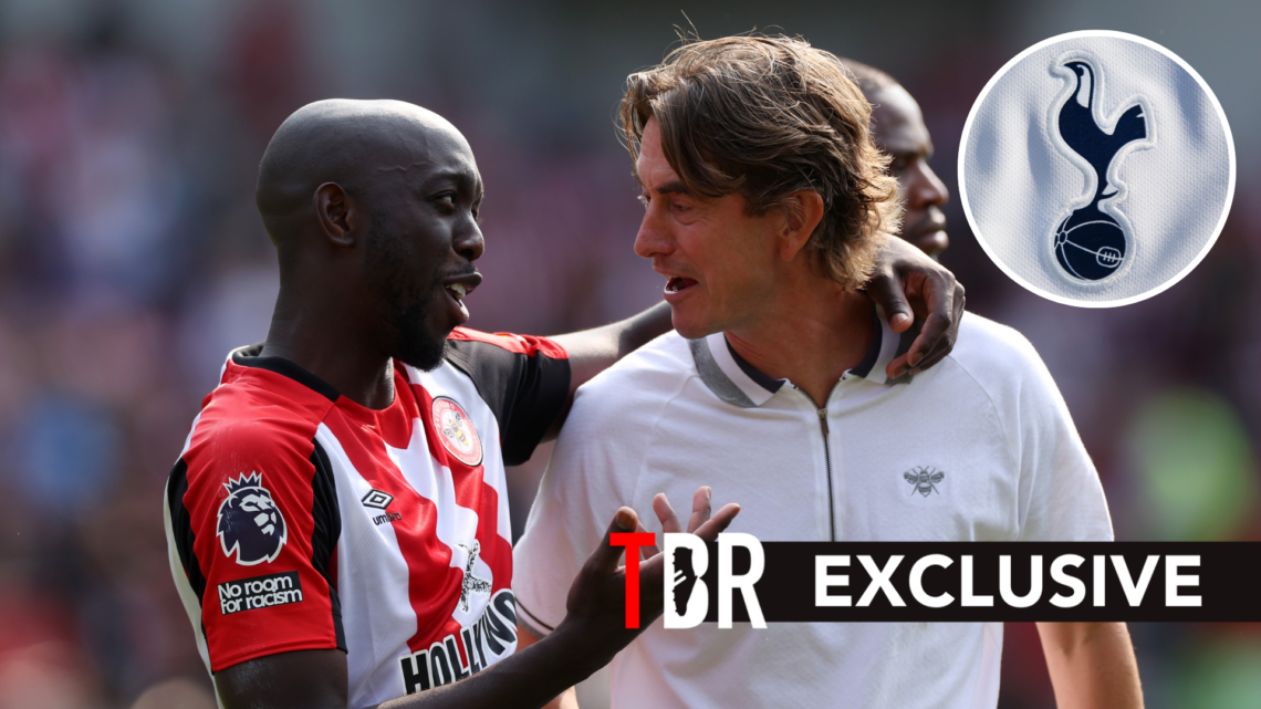 Brentford forward Yoane Wissa with new Tottenham manager Thomas Frank after Premier League match. Inset of Tottenham Hotspur badge.