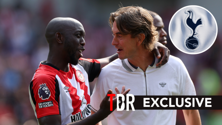 Brentford forward Yoane Wissa with new Tottenham manager Thomas Frank after Premier League match. Inset of Tottenham Hotspur badge.