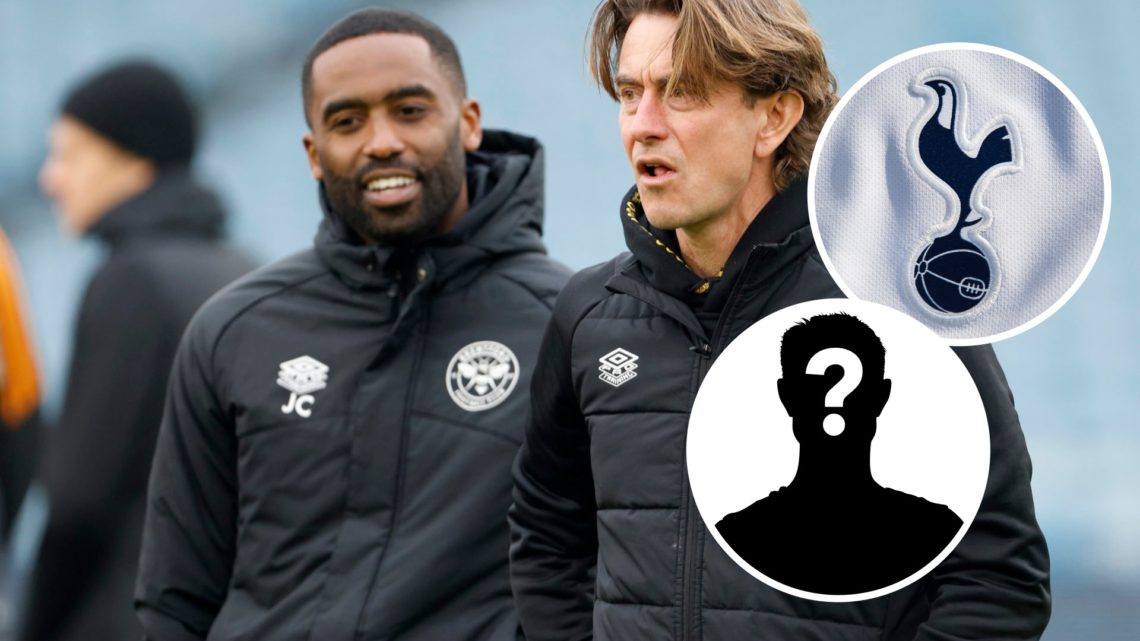 Tottenham Hotspur head coach Thomas Frank and his assistant Justin Cochrane ahead of Brentford match. Inset of Spurs crest and a mystery player.