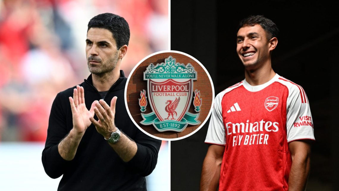 Split image of Mikel Arteta and new Arsenal signing Martin Zubimendi with overlay of Liverpool badge