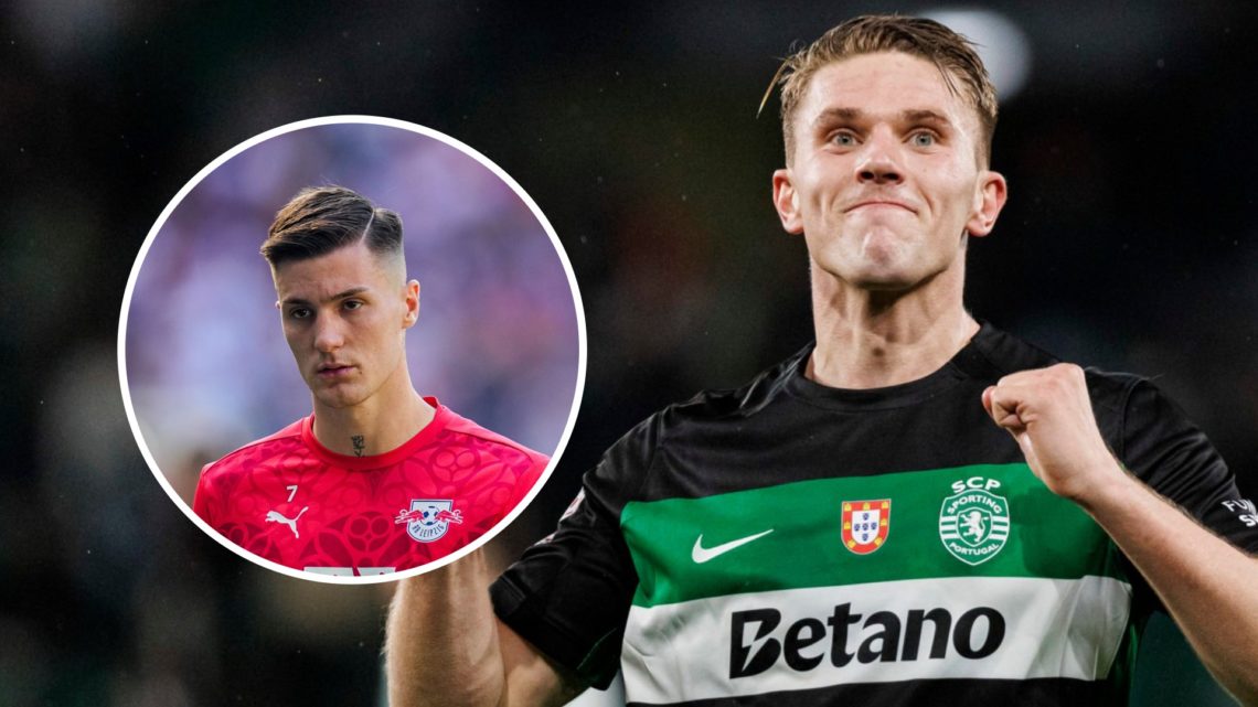 Sporting CP striker Viktor Gyokeres celebrates. Inset, RB Leipzig's Benjamin Sesko.