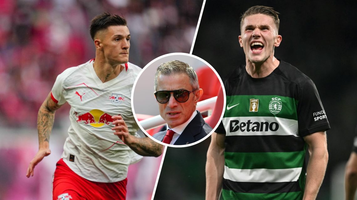 Split image of RB Leipzig striker Benjamin Sesko (left) during Bundesliga match and Viktor Gyokeres playing for Sporting CP. Inset of Arsenal sport...