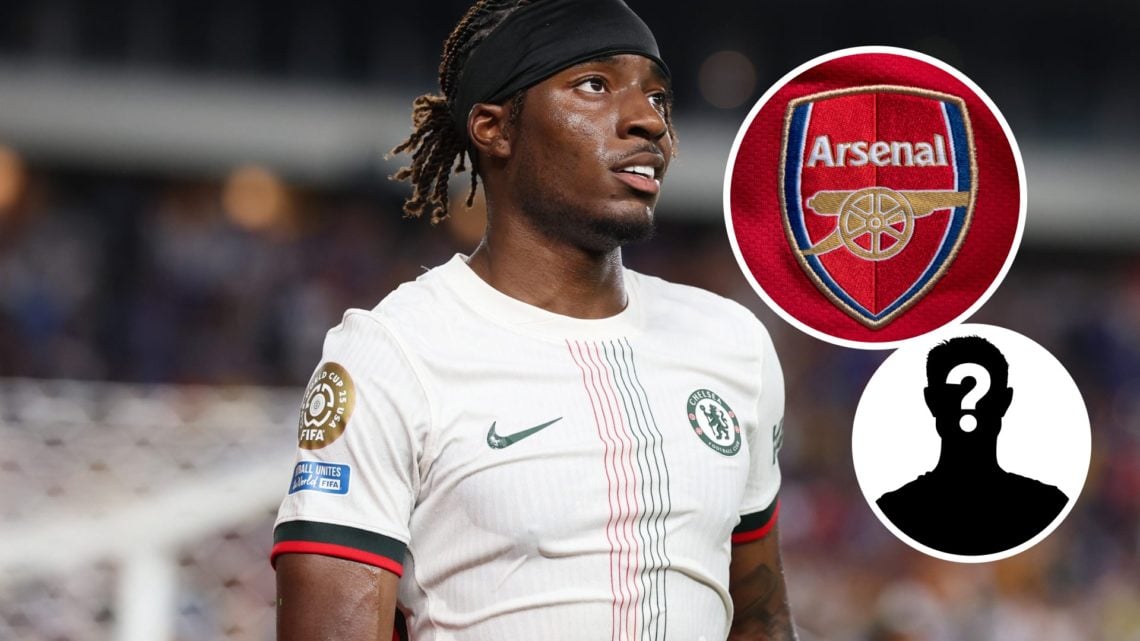 Noni Madueke playing for Chelsea at the FIFA Club World Cup, Arsenal badge and mystery figure inset