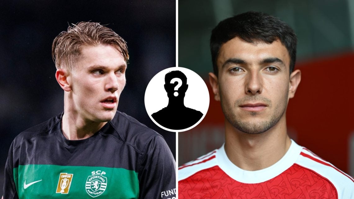 Split image of Viktor Gyokeres and Martin Zubimendi with mystery figure inset