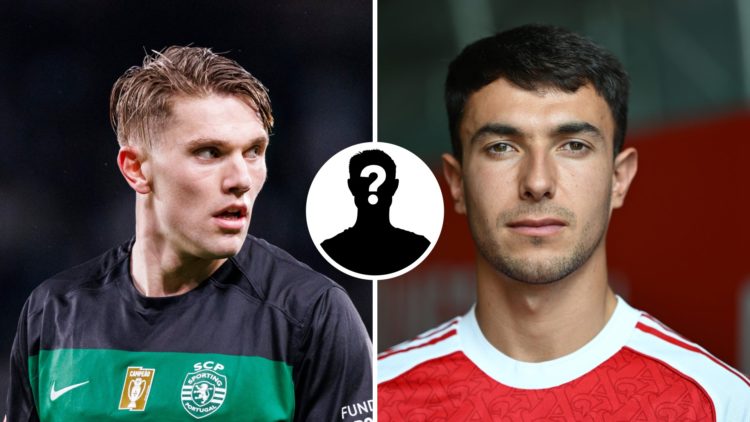 Split image of Viktor Gyokeres and Martin Zubimendi with mystery figure inset