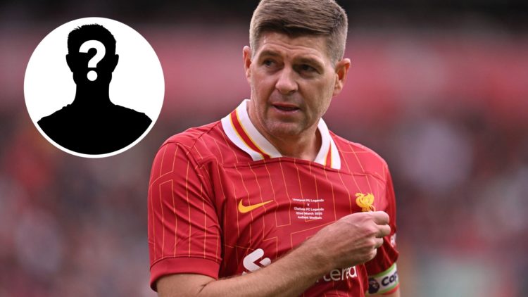Image of Steven Gerrard during the Liverpool Legends game with overlay of mystery player