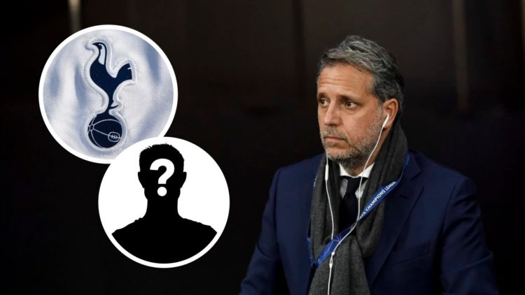 Former Tottenham Hotspur sporting director Fabio Paratici ahead of Champions League match. Inset of a mystery player and Spurs badge.