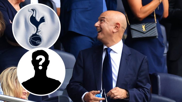 Tottenham Hotspur chairman Daniel Levy in attendance for a Premier League match. Inset of Spurs crest and a mystery player.