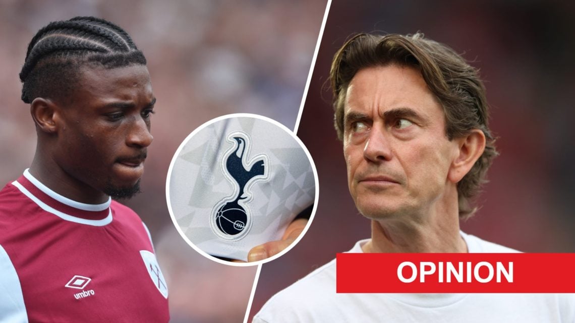Split image of Mohammed Kudus and Thomas Frank with overlay of Tottenham flag