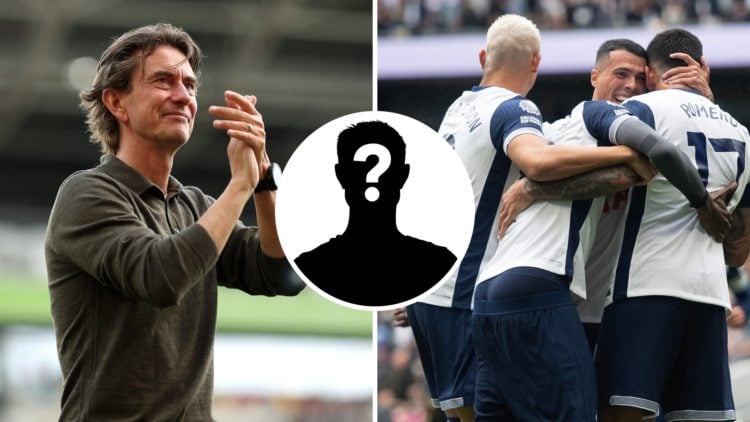 Split image of Tottenham Hotspur manager Thomas Frank (left) after Premier League match and Richarlison (right) celebrating goal versus Everton wit...