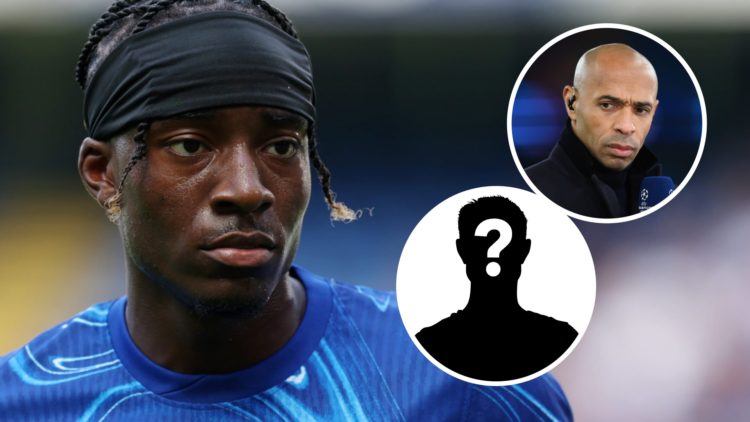 Chelsea winger Noni Madueke looks on. Inset, Arsenal legend Thierry Henry and a question mark.