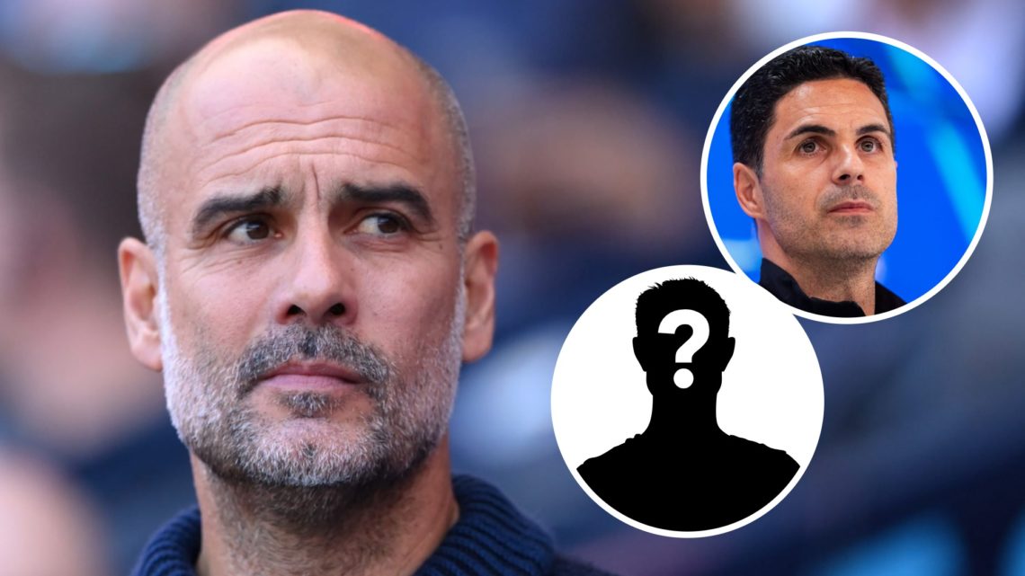 Man City boss Pep Guardiola looks on. Inset, Arsenal manager Mikel Arteta and a question mark.