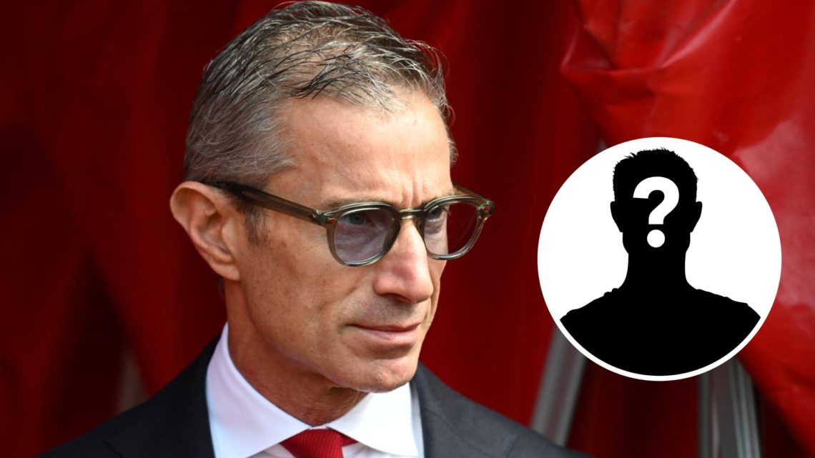 Andrea Berta walks out of the tunnel at an Arsenal match. Inset, question mark.