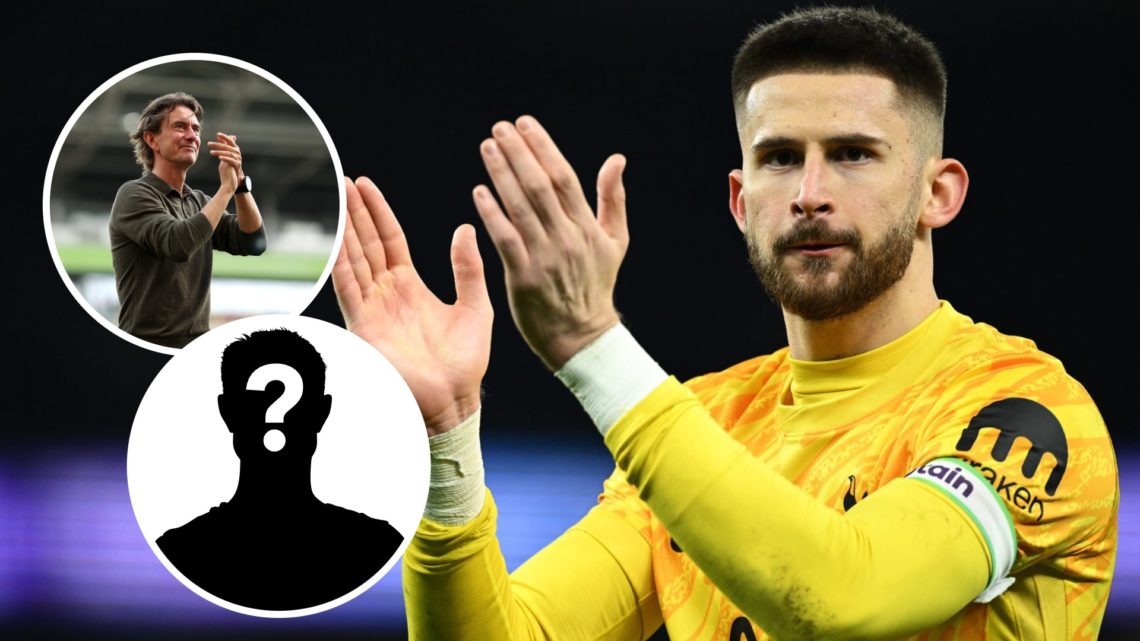 Tottenham Hotspur goalkeeper Guglielmo Vicario applauds the away end after beating Man City. Inset of new Tottenham manager Thomas Frank and a myst...