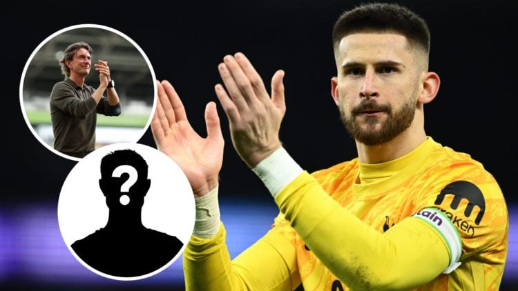 Tottenham Hotspur goalkeeper Guglielmo Vicario applauds the away end after beating Man City. Inset of new Tottenham manager Thomas Frank and a myst...
