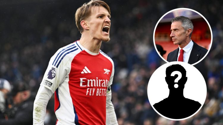 Arsenal captain Martin Odegaard celebrates goal at the King Power Stadium. Inset of Arsenal sporting director Andrea Berta and a mystery player.